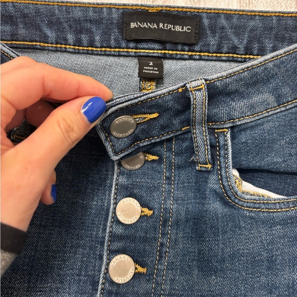 Dark Wash Denim Midi Skirt High Rise Button Fly Pencil Skirt Slit Waist 26 - Picture 2 of 10